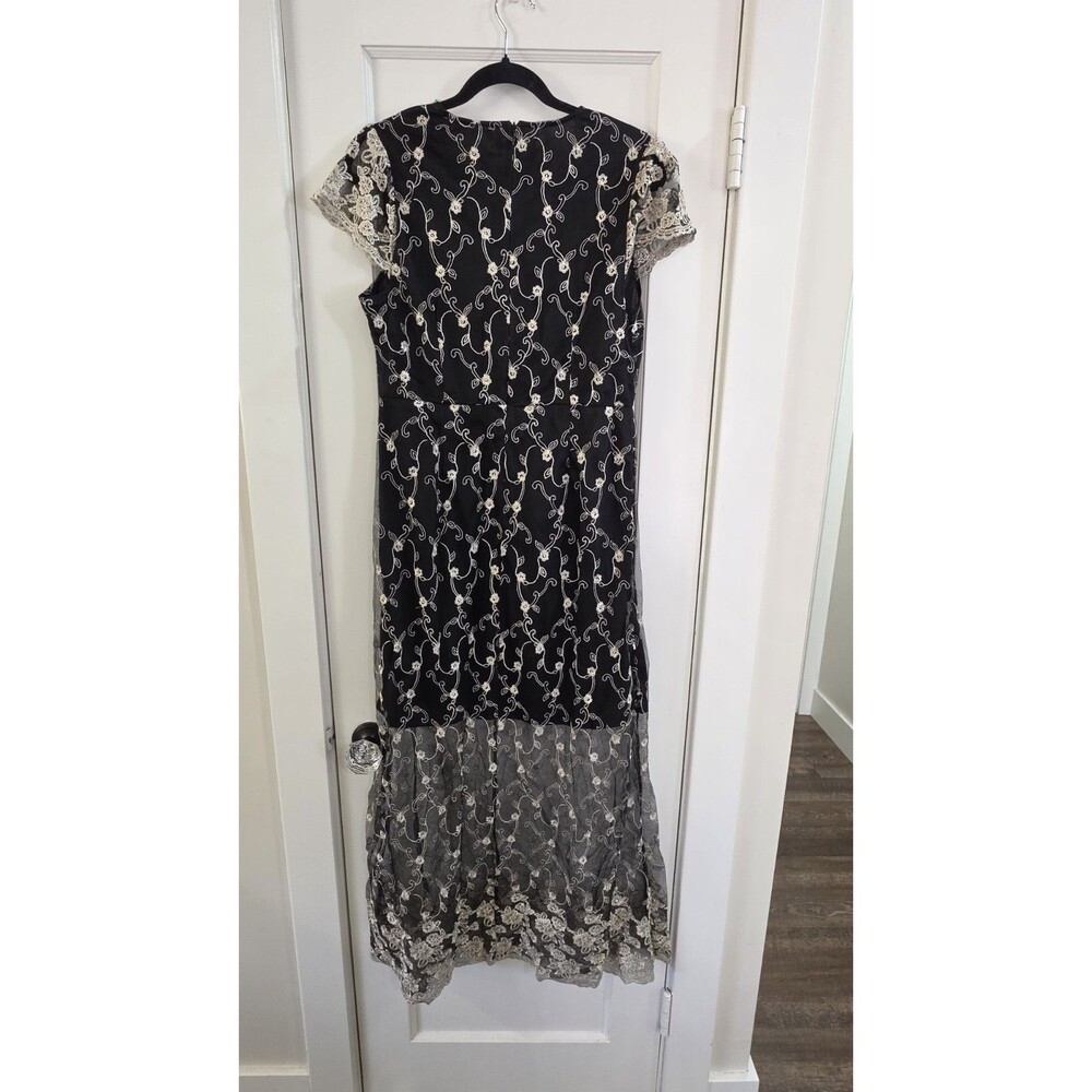 Available by Angela Fashion Black Gold Floral Embroidered Mesh Maxi Dress Size L